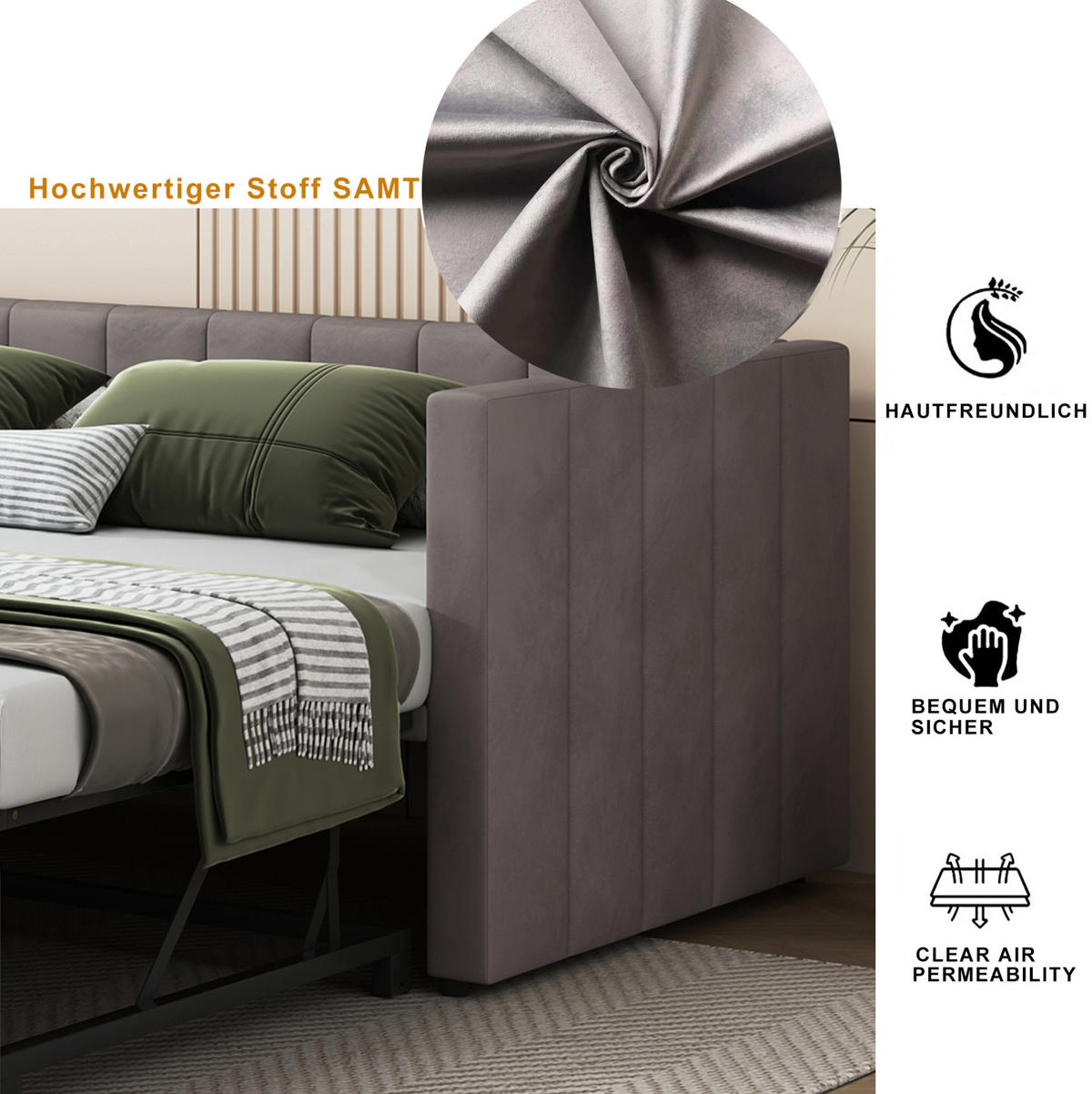 POLSTERBETT 90/200 cm aus Samtstoff mit ausziehbarer Liegefläche und Lattenrost Grau - Grau, Textil (90/200cm) - Modenvie