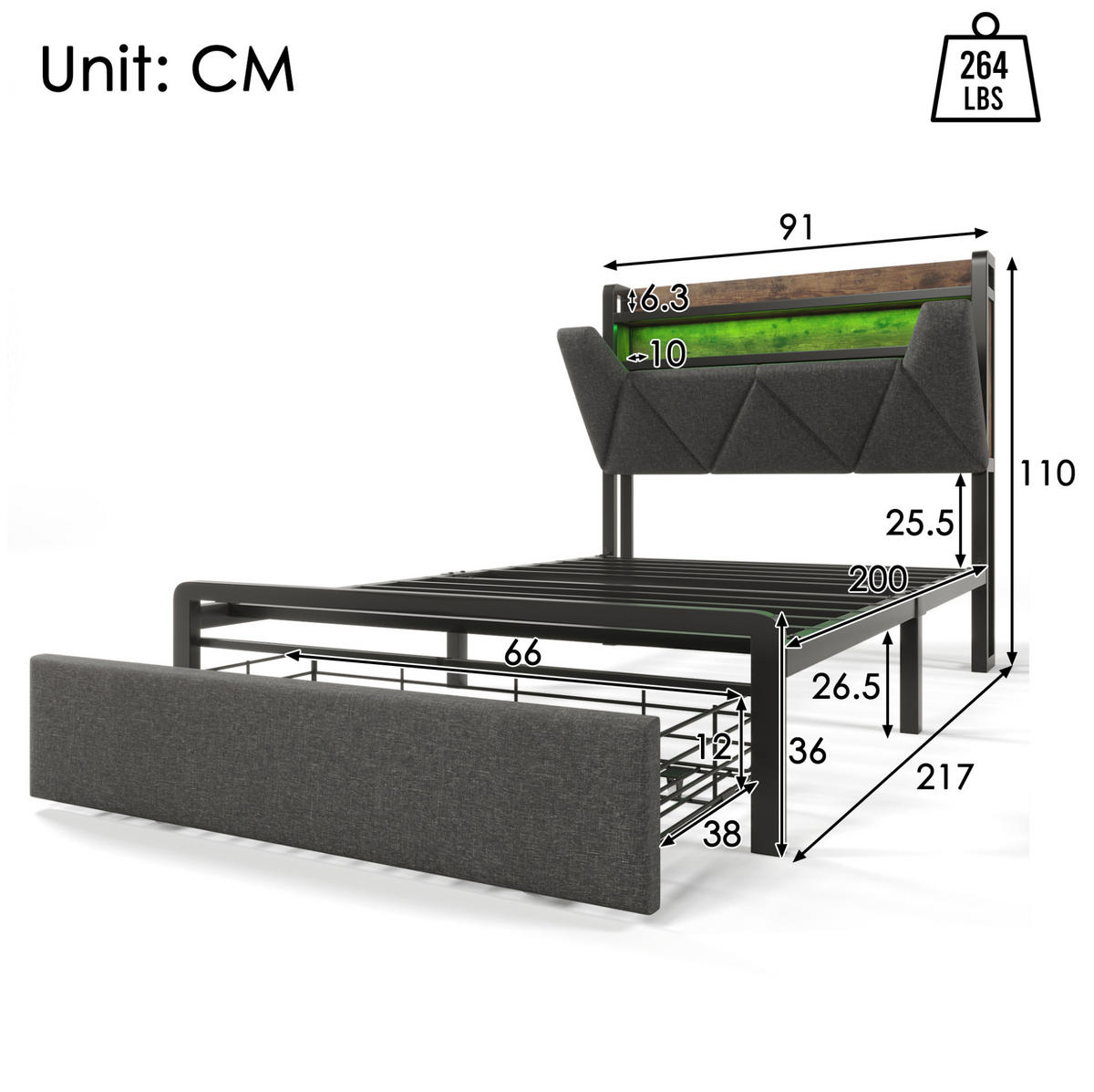 POLSTERBETT 90/200 cm mit LED, USB-C, Stauraum-Kopfteil, Schublade und Matratze, Grau - Grau, Textil (90/200cm) - Redom
