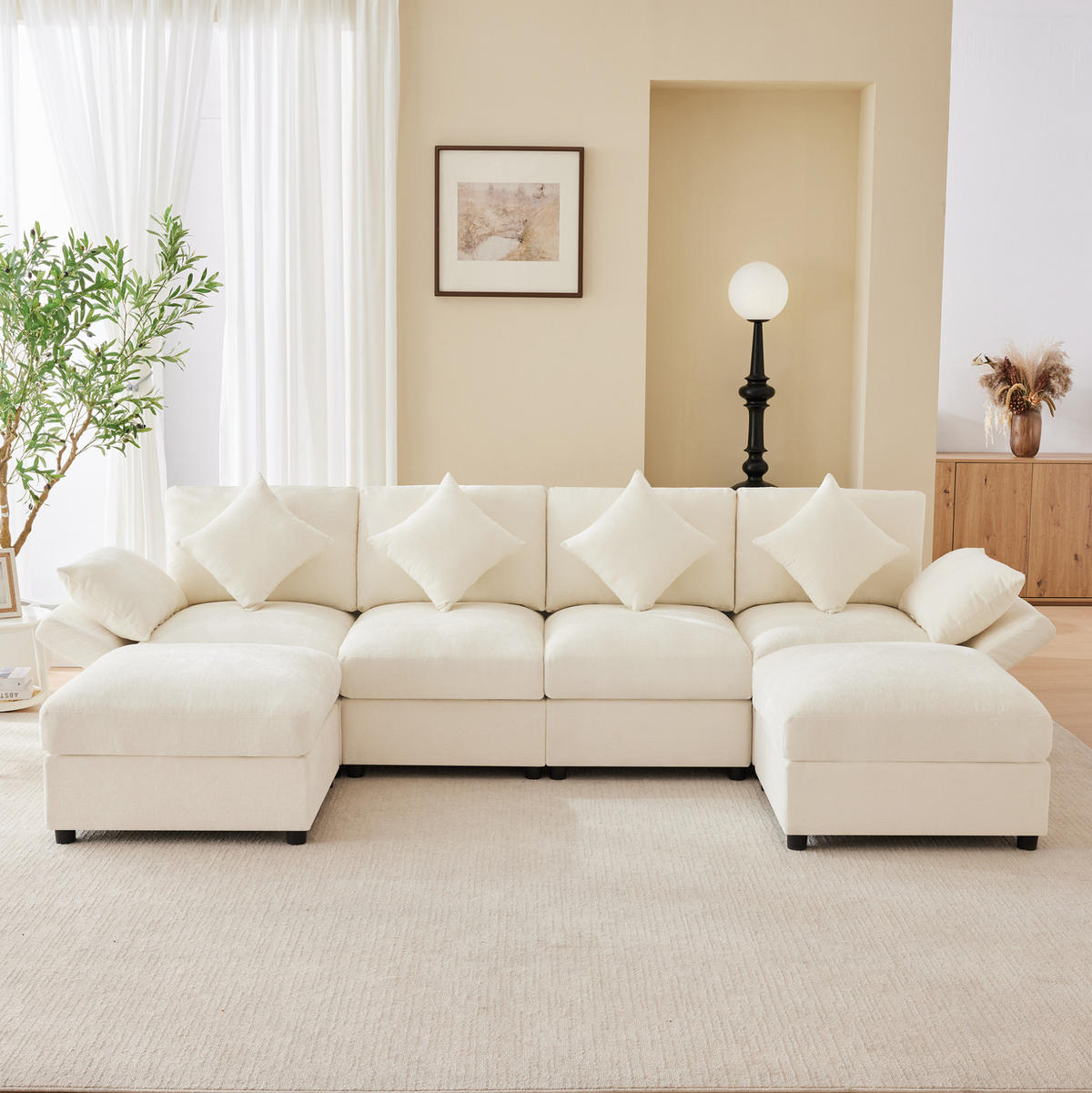 MODULOVÁ sedacia súprava z chenille 284x156,5x86 cm béžová s nastaviteľnými podrúčkami, 2 taburetkami a 6 vankúšmi - béžová, textil (156.5/86/284cm) - Modfu