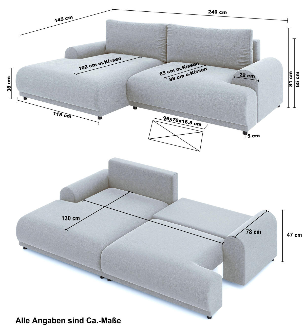 ECKSOFA mit Schlaffunktion, Bettkasten, extrabreite Ottomane links, abgerundete Armlehnen, B240/T145/H81 cm, Bezug Bouclé-Charakter Grau / 21030 - Schwarz/Grau, Kunststoff/Textil (240/145cm) - luma-home
