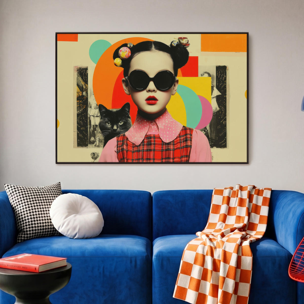 LEINWAND Bilder mit Rahmen - Mädchen - Sonnenbrille - Katze - Retro - 90x60 - Beige, Textil (90/60cm) - MuchoWow