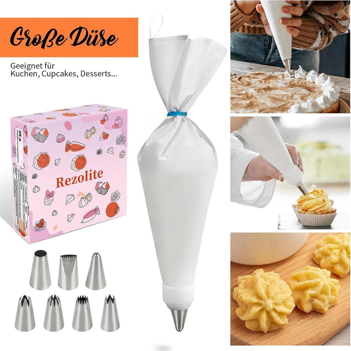 SPRITZBEUTEL-SET 15-teilig mit 2 Spritzbeuteln 30cm+35cm und 8 Edelstahl-Tüllen - Weiß, Kunststoff (23/1/35cm)
