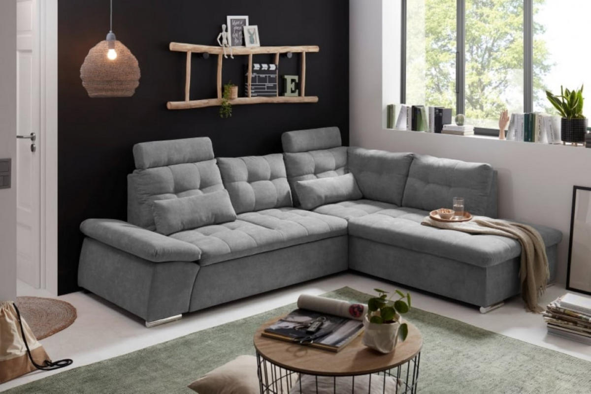 ECKSOFA mit Schlaffunktion, Bettkasten und verstellbarer Armlehne - Chromfarben/Dunkelgrau, Textil (219/260cm) - ed exciting design