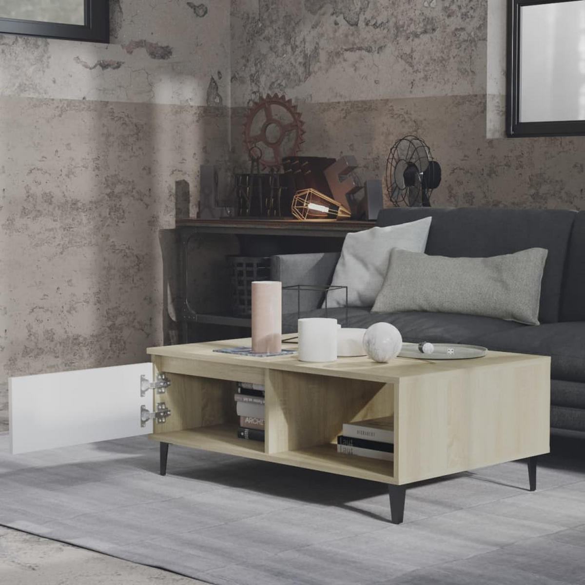 COUCHTISCH Weiß und Sonoma-Eiche 90x60x35 cm Holzwerkstoff - Weiß/Sonoma Eiche, Holzwerkstoff (60/90/35cm) - furnicato