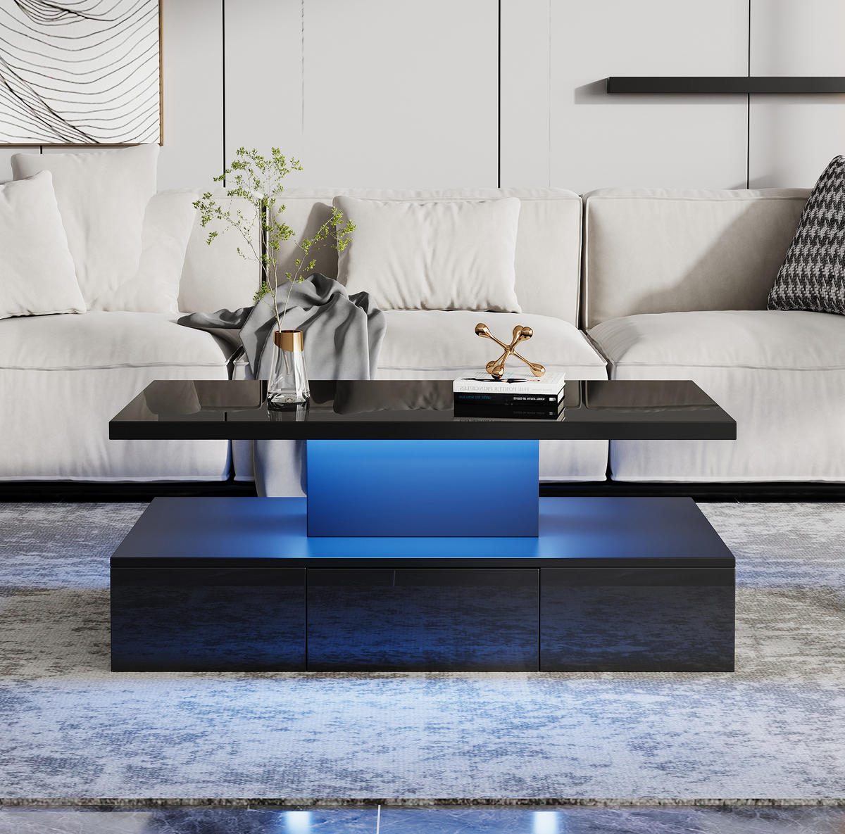 COUCHTISCH aus Spanplatte 100x50x39 cm Schwarz mit LED-Beleuchtung, Hochglanzfront, offenem Regal und 1 Schublade - Schwarz, Holzwerkstoff (100/50/39cm) - Modfu