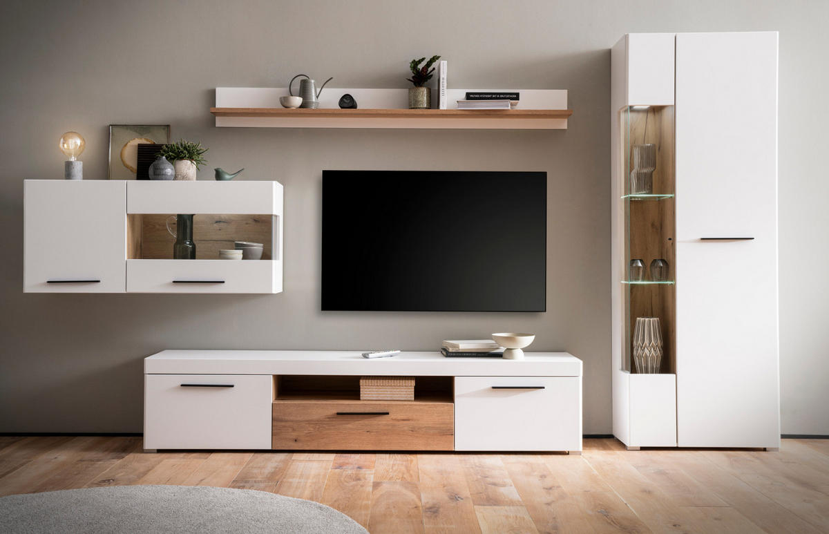 WOHNWAND weiß matt, Evoke Eiche, Wohnkombination 4-teilig, Soft-Close-Funktion - Eichefarben/Silberfarben, Glas/Holzwerkstoff (327/200/45cm)