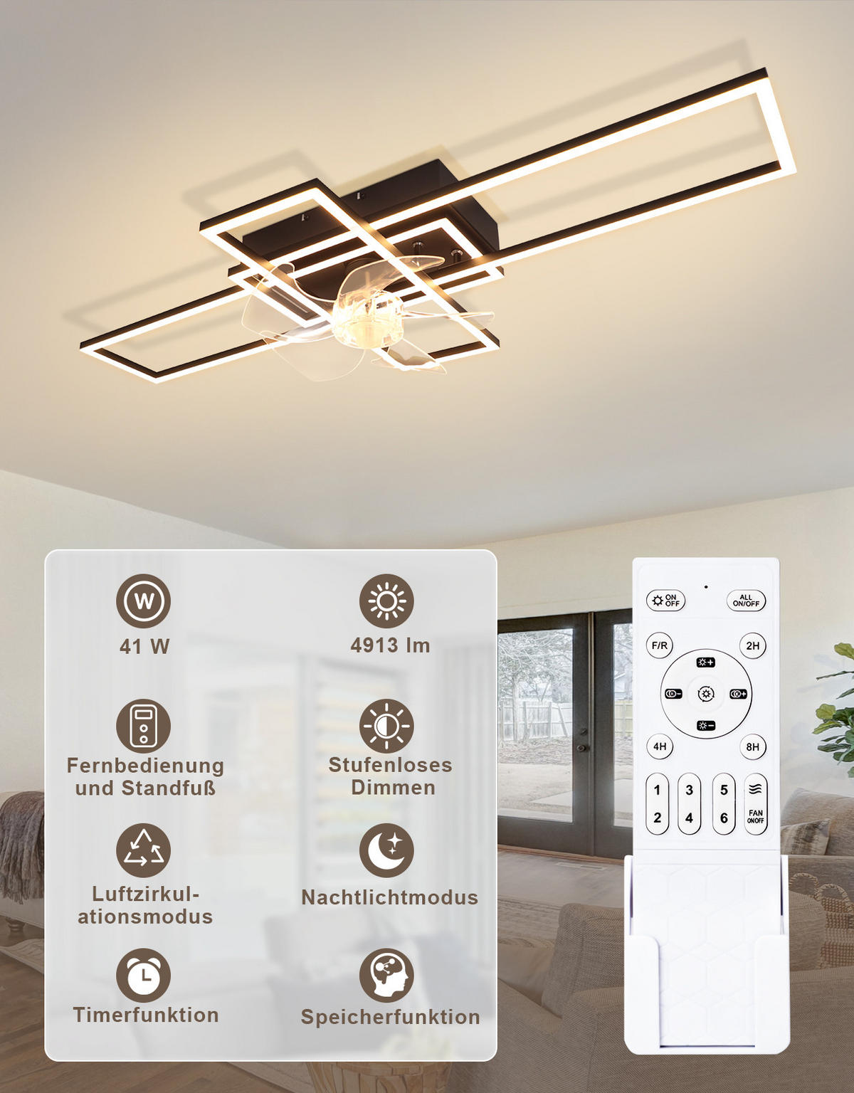 LED DECKENVENTILATOR Neryn 94/42/15.5 cm - Schwarz, Kunststoff/Metall (94/42/15.5cm) - ZMH