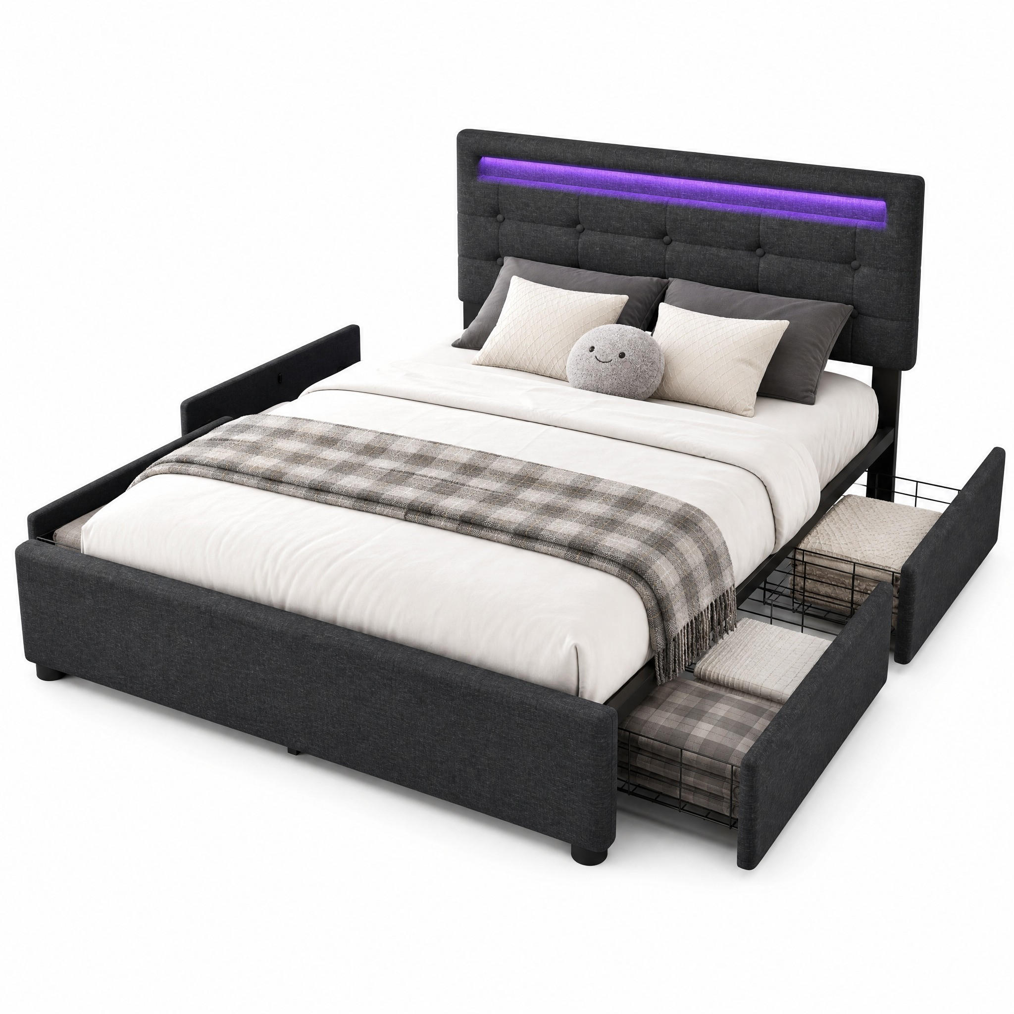 POLSTERBETT 140/200 mit Bettkasten, LED und Schubladen in Grau - Grau, Holzwerkstoff/Textil (140/200cm) - EVRYAE