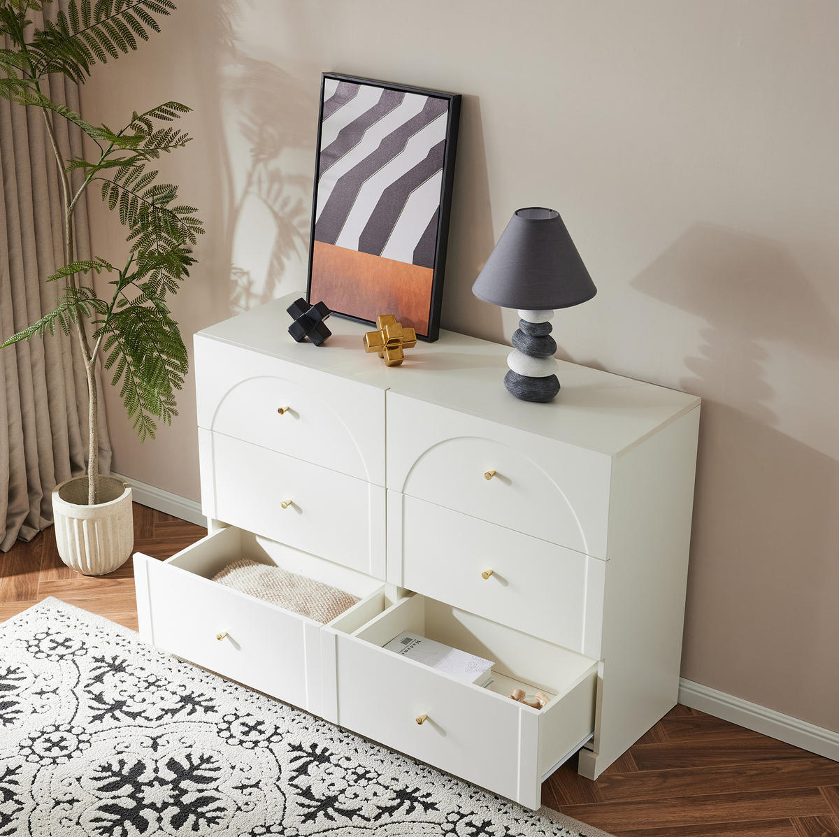 KOMMODE, 6 Schubladen, cremeweiß im romantischen Luxusstil, 120x40x82 cm, Weiß - Weiß, Holzwerkstoff (40/82/120cm) - Modfu