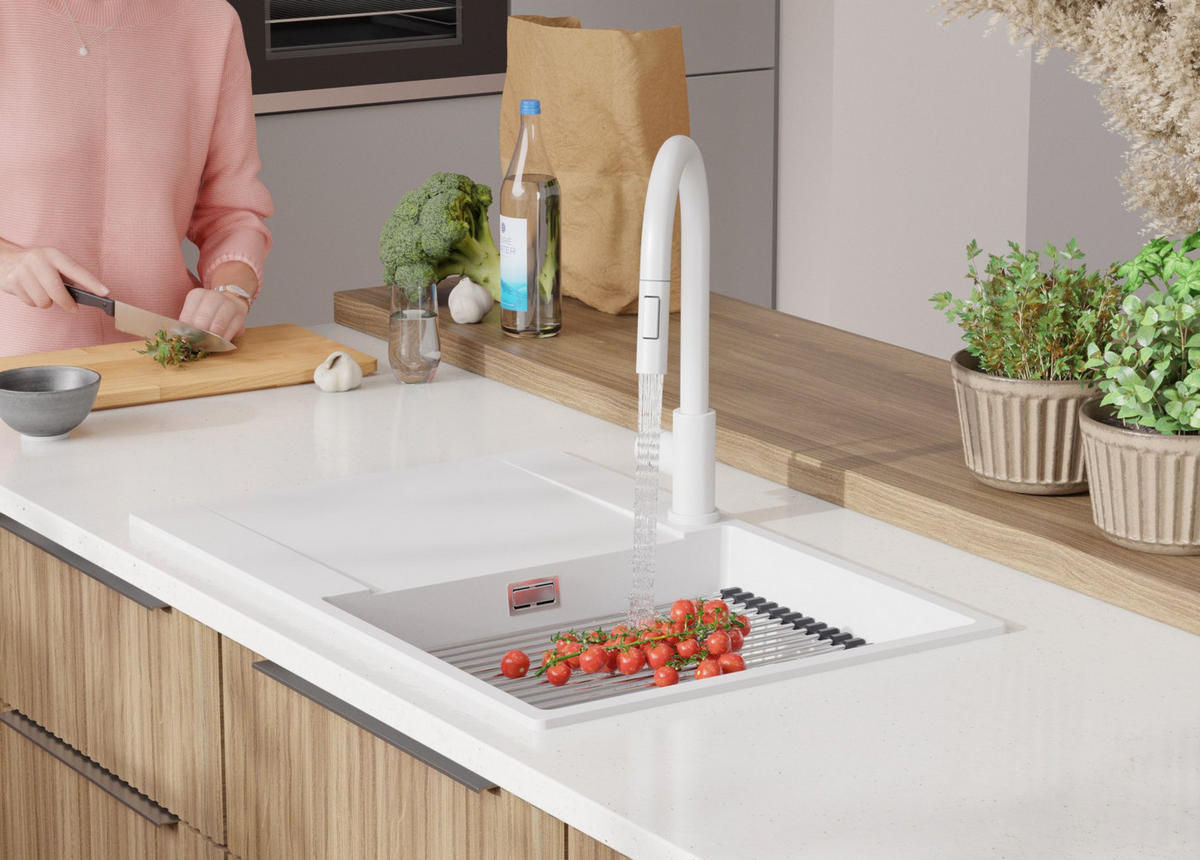 GRANITSPÜLE San Francisco, 2-er set Weiß 78/50 cm 1 Becken + Küchenarmatur 32/20 cm + Ablauf-Set + Aufrollbare Abtropffläche ab 50er Unterschrank - Chromfarben/Weiß, Kunststoff (78/20/50cm) - Primagran