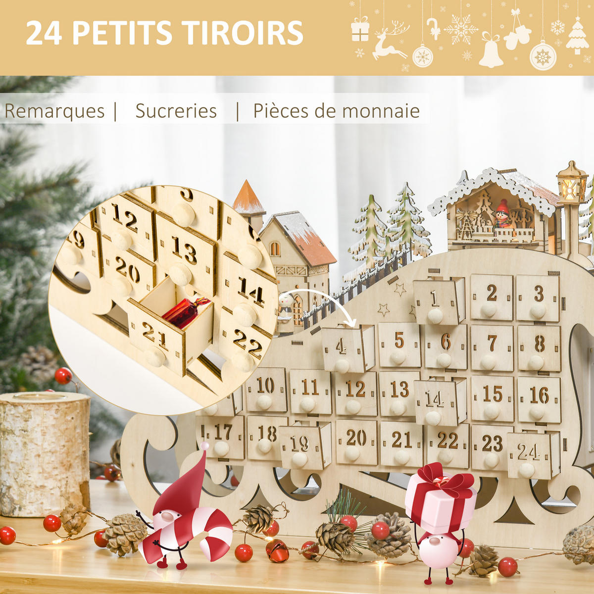 BELEUCHTETER Adventskalender aus Holz in Schlittenform Naturfarben 10.0/45.0/31.0 cm - Naturfarben, Holz (10/31/45cm)