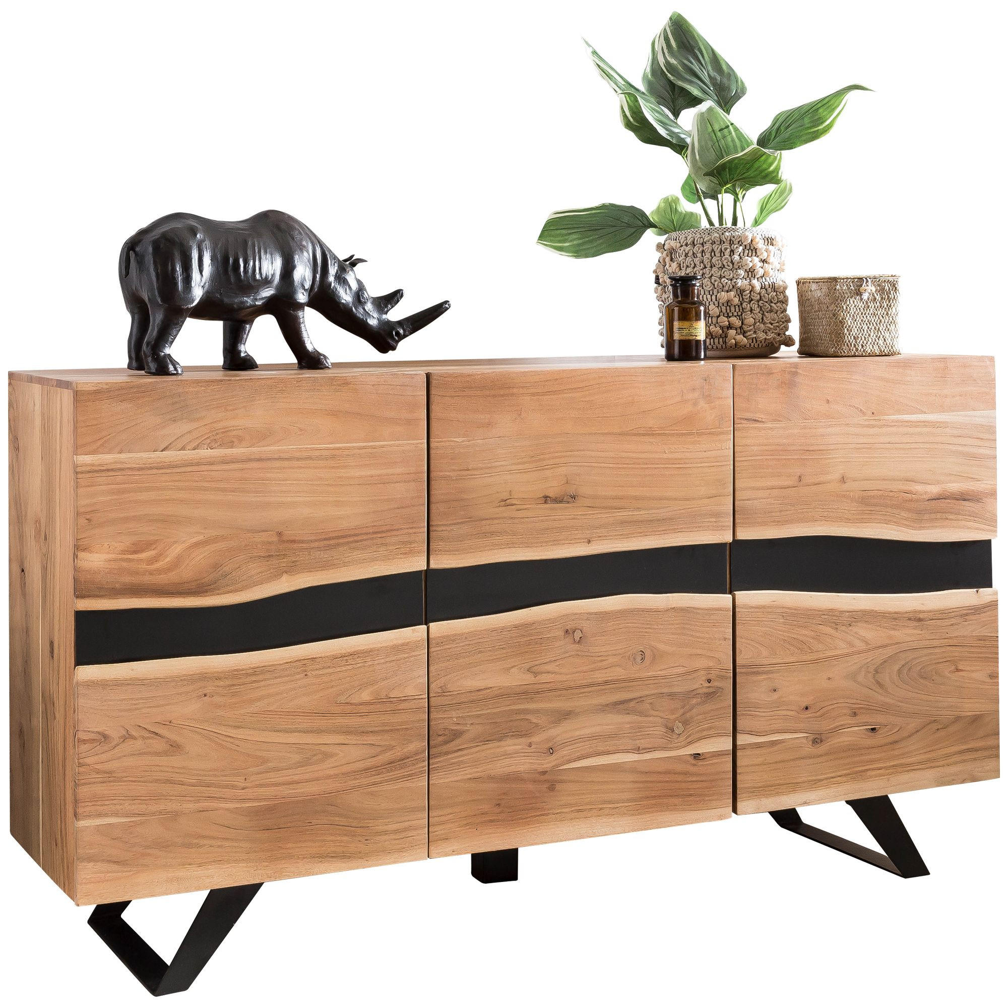 SIDEBOARD – Akazie Massivholz, 148x85x43 cm, mit Baumkante, 3 Türen, Landhausstil - Schwarz/Akaziefarben, Holz/Metall (148/85/43cm) - KADIMA DESIGN