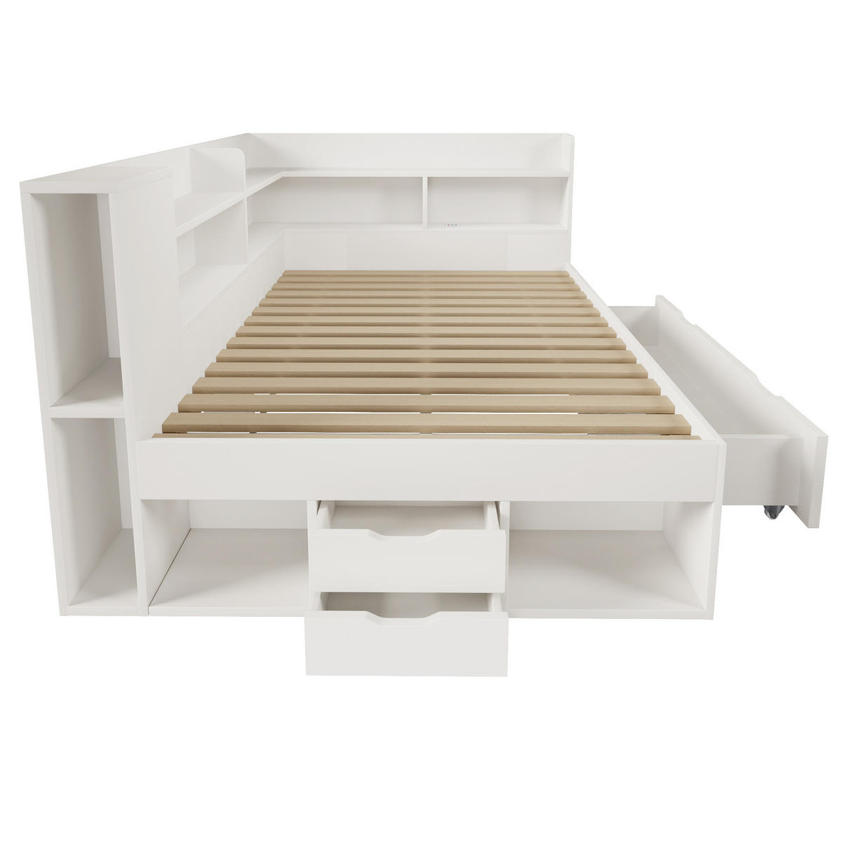 FUNKTIONSBETT 140/200 cm Weiß mit LED, USB-C und Stauraum - Weiß, Textil (140/200cm) - BEAOK