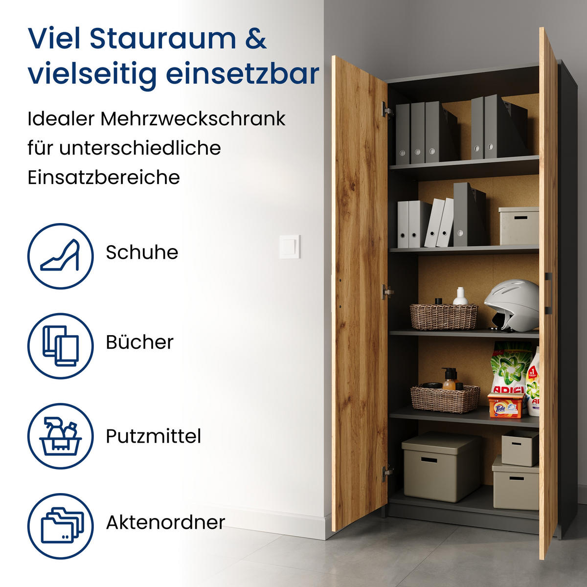 MEHRZWECKSCHRANK mit 5 Fächern und 2 Türen in Graphit / Eiche - Eichefarben/Graphitfarben, Holzwerkstoff (74/180/35cm) - Home Collective