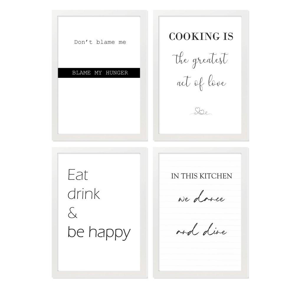 POSTER Set mit 4 Küchenzitate, Nachrichten A4 Weißer Rahmen - Weiß, Papier (29.7/3cm) - Nacnic