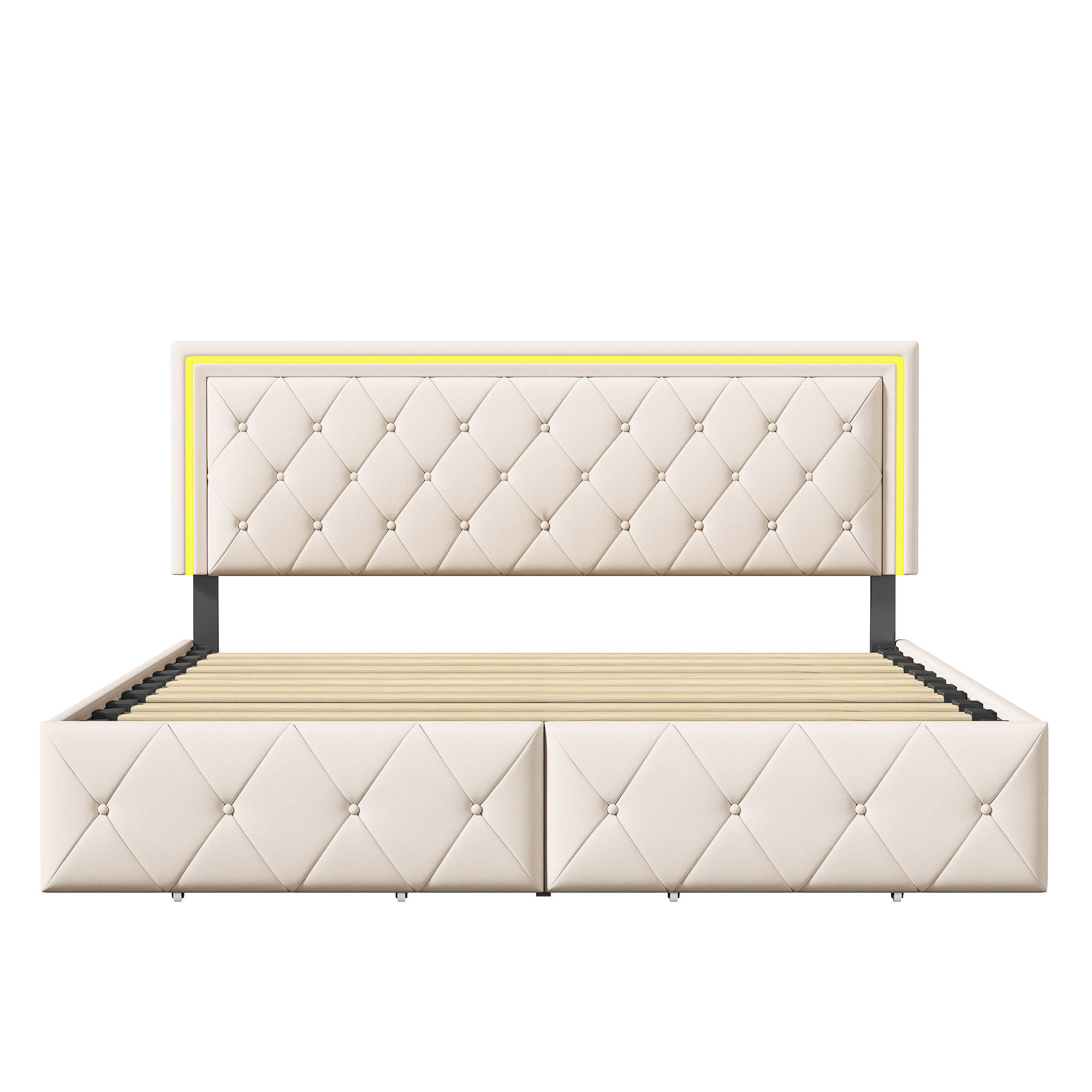 POLSTERBETT 140x200 cm LED 4 Schubladen PU Leder beige - Beige, Holz (140/200cm) - LEBENLANG