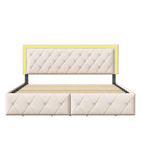 POLSTERBETT 140x200 cm LED 4 Schubladen PU Leder beige - Beige, Holz (140/200cm) - LEBENLANG