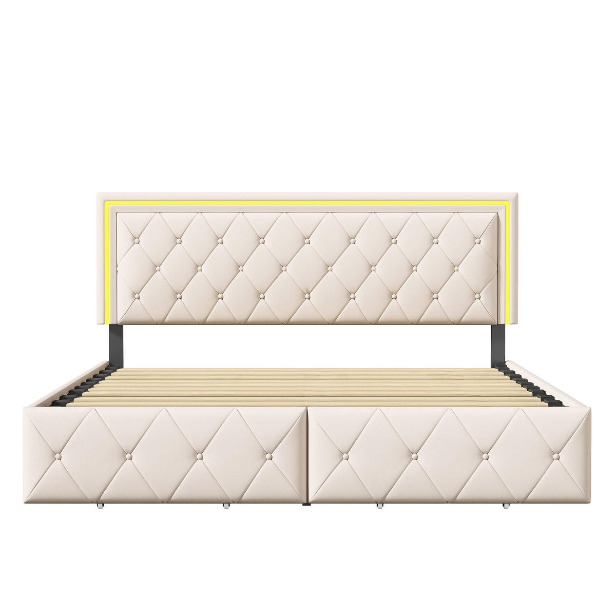 POLSTERBETT 140x200 cm LED 4 Schubladen PU Leder beige - Beige, Holz (140/200cm) - LEBENLANG