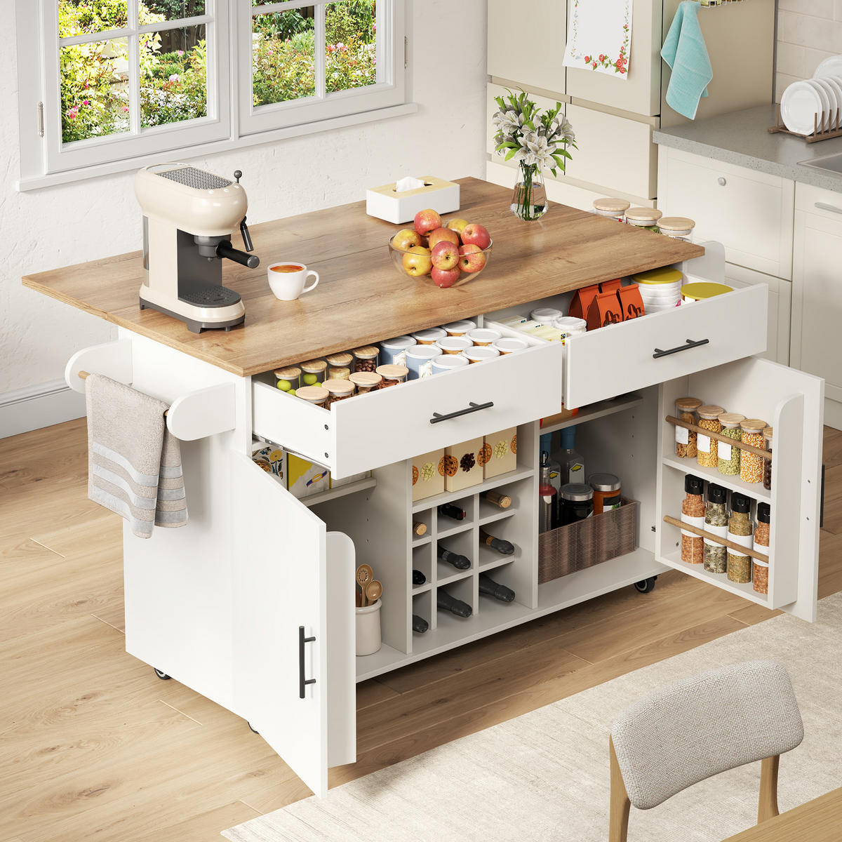 KÜCHENINSEL DE-41512 120/45/84 cm, klappbare Arbeitsplatte, Weinregal Weiß - Weiß, Holzwerkstoff (120/84/45cm) - ComfortXL
