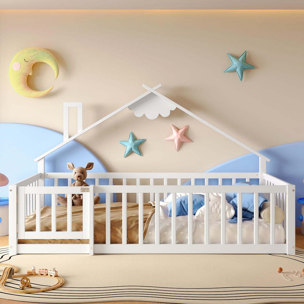 FLACHBETT 90/190 cm Kinderbett aus Kiefernholz mit Geländer und Schloss in Weiß - Weiß, Holz (90/190cm) - OKWISH