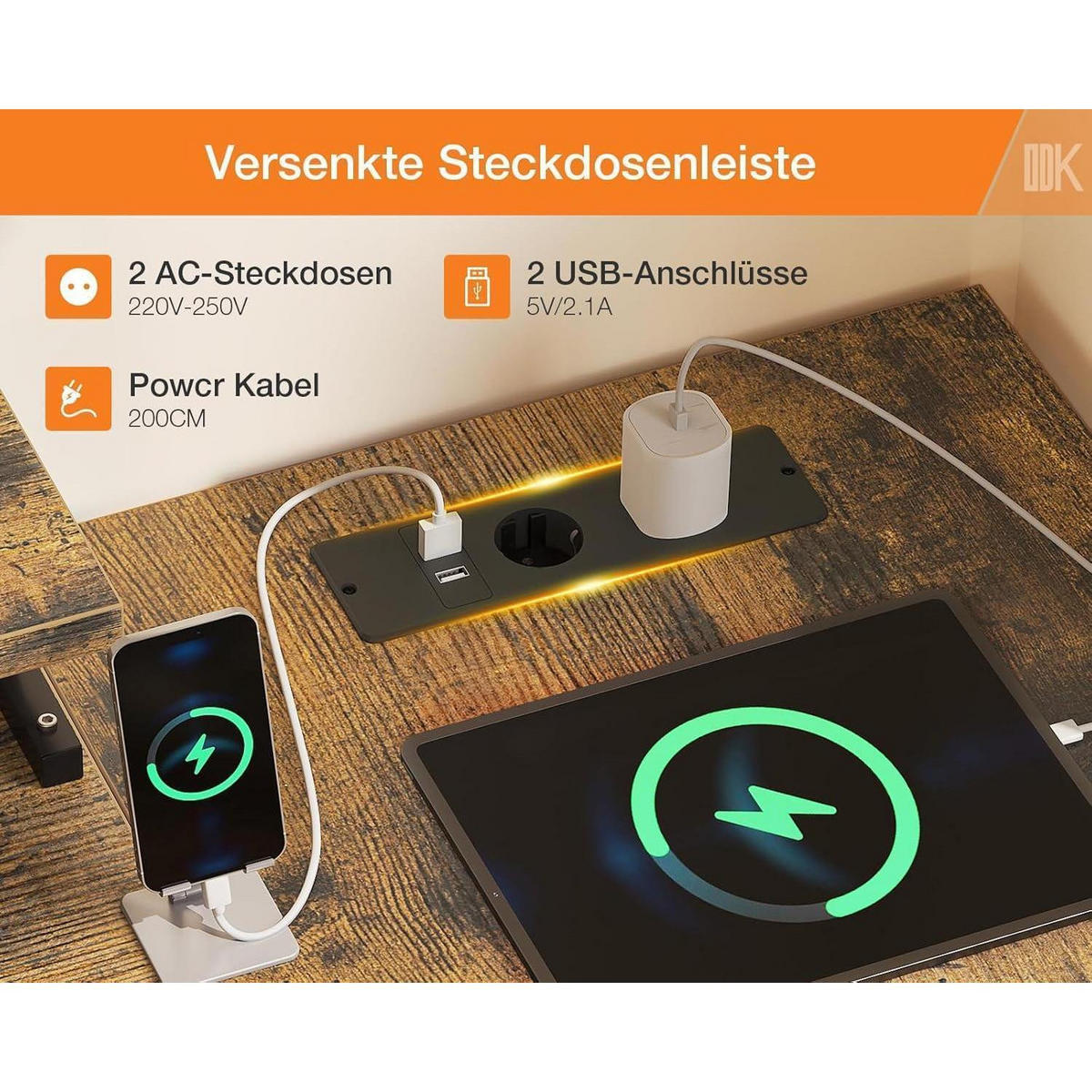 SCHREIBTISCH L Form 140 x 80 cm Braun mit Monitorablage und USB - Braun, Holzwerkstoff (140/80/84.7cm)