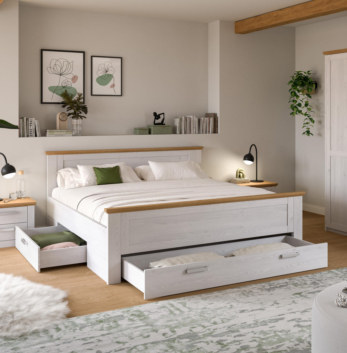 BETT 180x200 mit Unterbettauszügen (B/H/T: 189x90x209 cm) in Sibiu Lärche Nachbildung - Lärchefarben, Holzwerkstoff - Homes & Jones