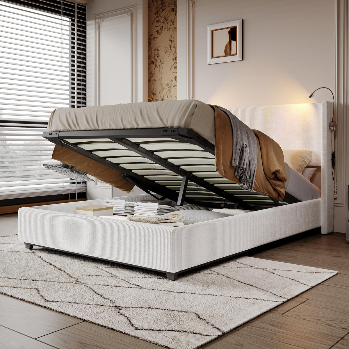POLSTERBETT 140x200 cm, Beige, Leselichte - Beige, Textil/Metall (140/200cm)