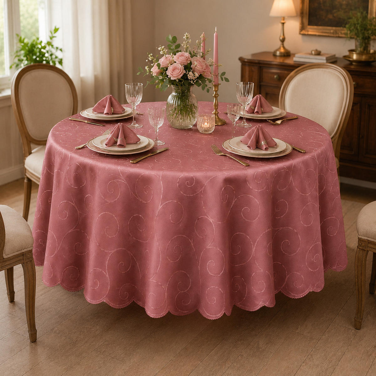 TISCHDECKE 135 cm rund Ornamente Altrosa - Altrosa, Textil (135cm) - TiborTex