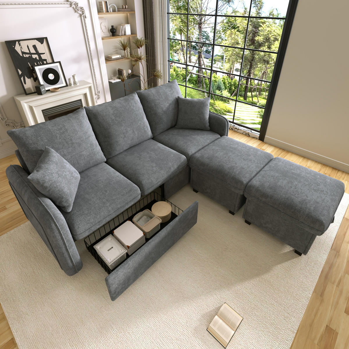 WOHNLANDSCHAFT 5-Sitzer Chenille Dunkelgrau mit Schlaffunktion, Stauraum und mit Hocker - Dunkelgrau, Holzwerkstoff/Kunststoff (188/86/82cm) - WISHDOR