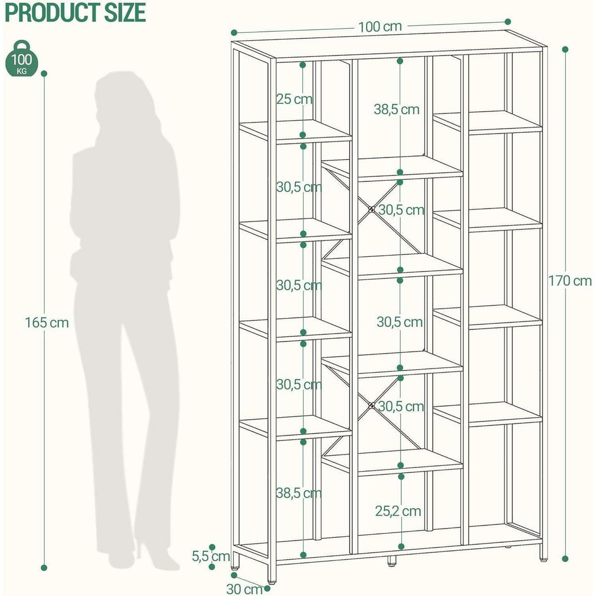 BÜCHERREGAL mit 6 Ebenen 30 x 100 x 170 cm Schwarz mit Holzmaserung - Schwarz, Holzwerkstoff (100/170/30cm)