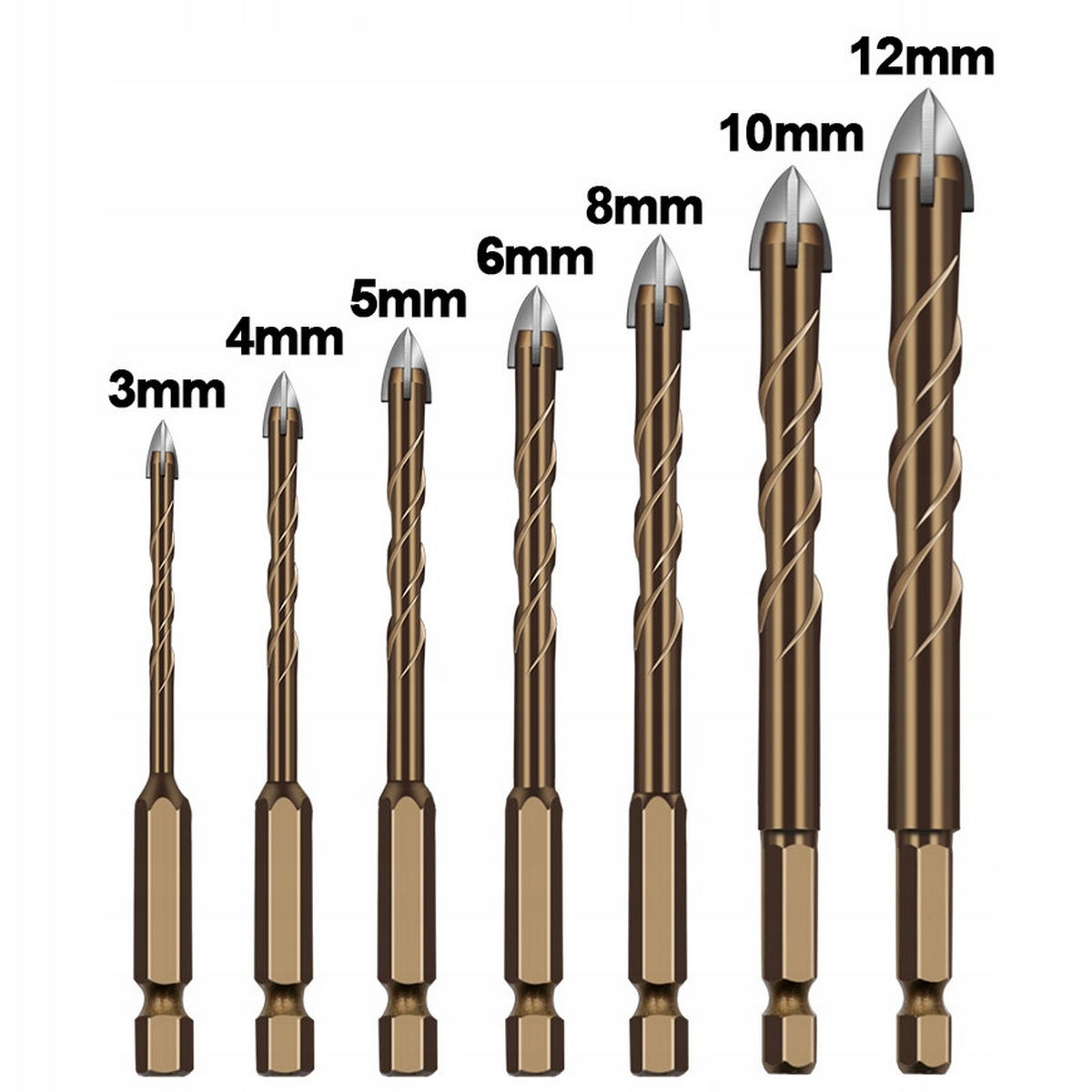 BOHRER Glas-Fliesen Universal 7-tlg. Set, Hartmetall, HEX 1/4", Spiral, 3 mm, 4 mm, 5 mm, 6 mm, 8 mm, 10 mm, 12 mm - Multicolor, Kunststoff/Metall (15/7/2cm)