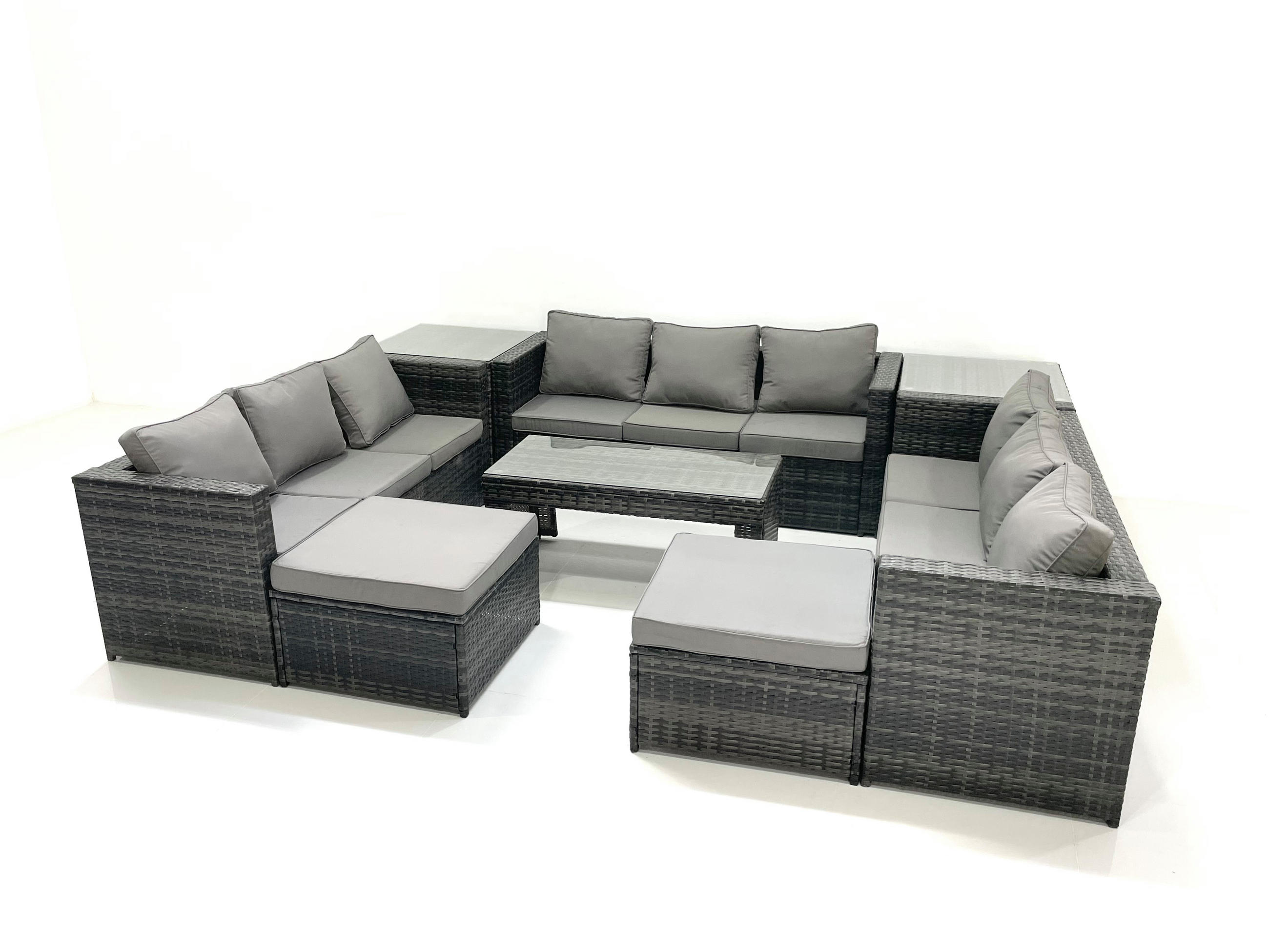 GARTENMÖBEL COUCHTISCH SET mit Sofa Polyrattan Outdoor 11-Sitzer - Dunkelgrau/Grau, Glas/Kunststoff - Fimous