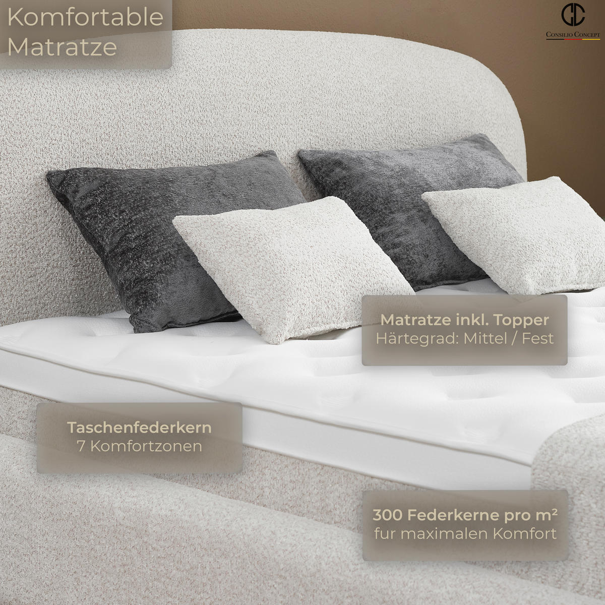 BOXSPRINGBETT MIT BETTKASTEN EVORA 180/200 cm, Ivory, Bettkasten, Matratze, Topper integriert, H3 mittel - Creme/Schwarz, Holz/Kunststoff (180/200cm) - Consilio Concept