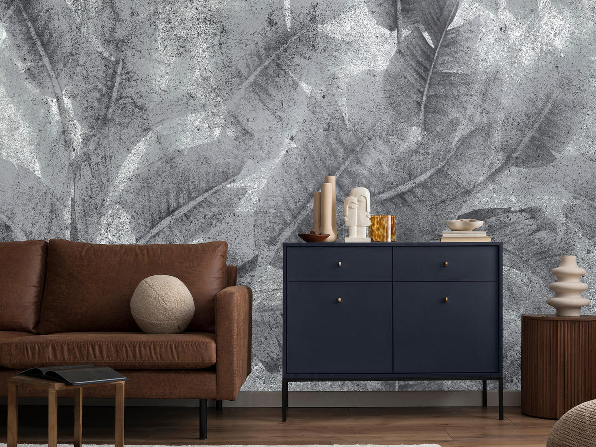 FOTOTAPETE für Wohnzimmer Abstraktion Blätter Beton Vintage Grau 300x210 - Grau, Papier (300/210cm) - Muralo