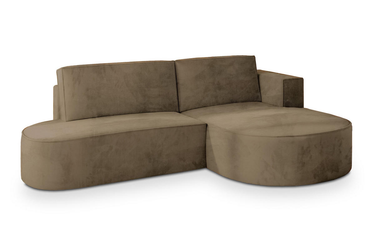 ECKSOFA CORTIO M R-S Beige Velours-Stoff mit Schlaffunktion - Beige, Holz (265/174cm) - MASSENO