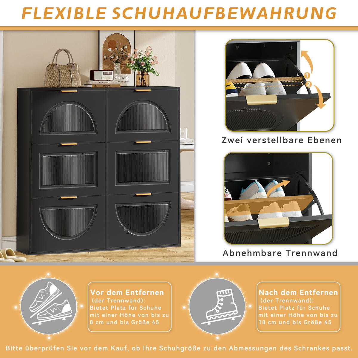 SCHUHSCHRANK Modern freistehend 6 Fächer Schwarz 118x25x115cm - Schwarz, Holzwerkstoff (25/115/118cm) - FLIEKS