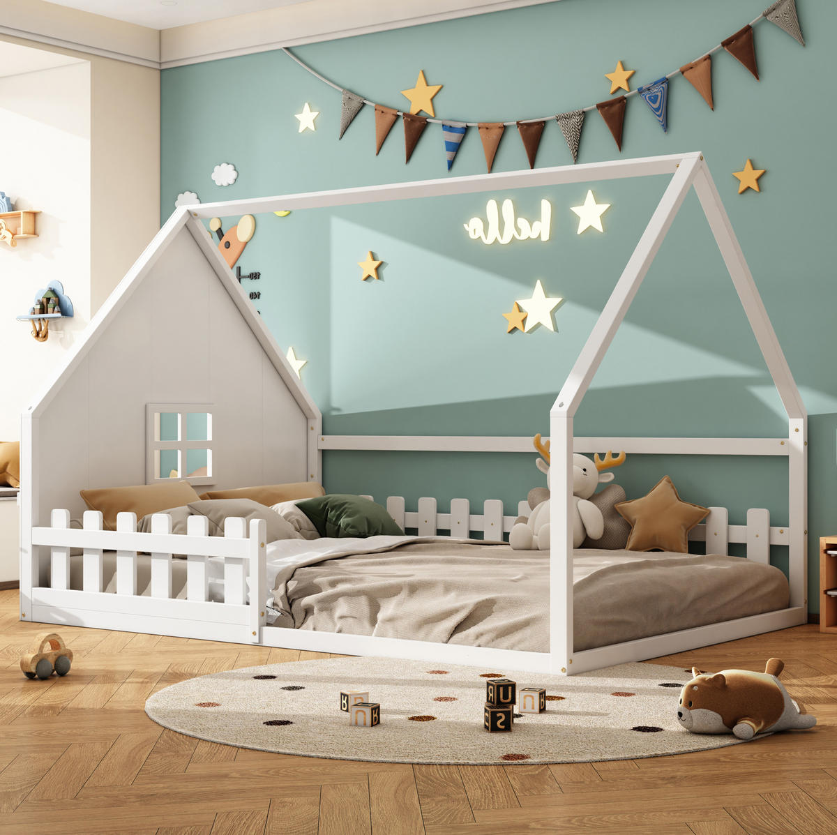KINDERBETT Hausbett 140/200 cm mit Geländer aus Kiefernholz in Weiß - Weiß, Holz (140/200cm) - BEAOK