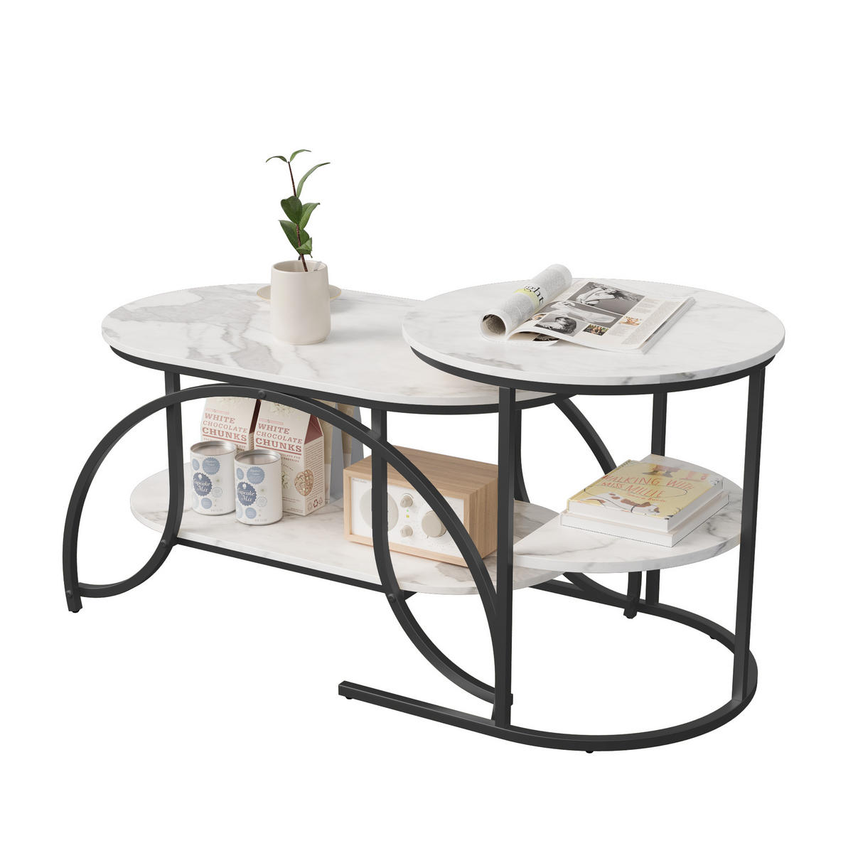 COUCHTISCH 2er Set rund Marmoroptik Metall schwarz weiß - Weiß, Holz (46/80/45cm) - LEBENLANG