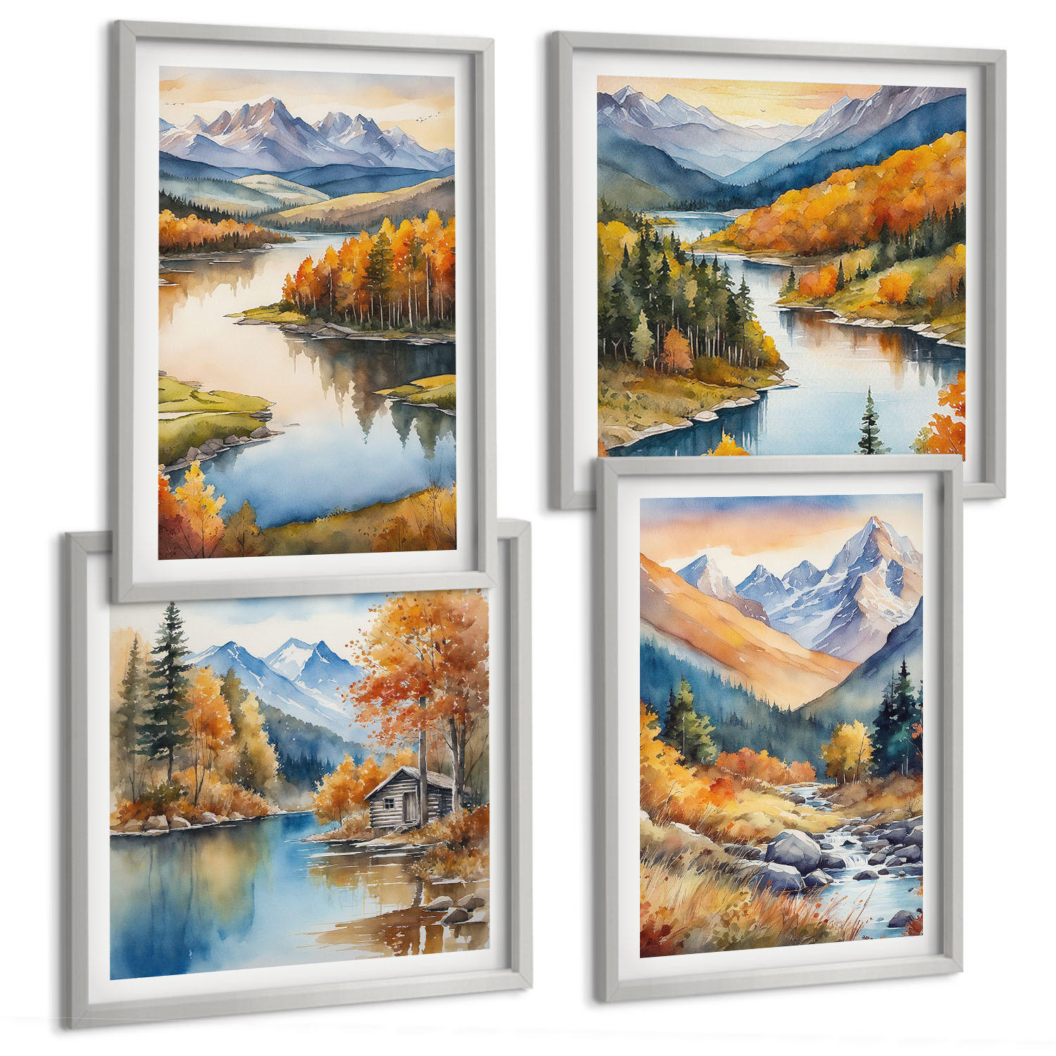 BILDER SET 4er Set - 50x50 cm & 40x60 cm Silberner Rahmen - Bergblick, Fluss, Herbst - Silberfarben, Kunststoff (50/50cm) - TULUP