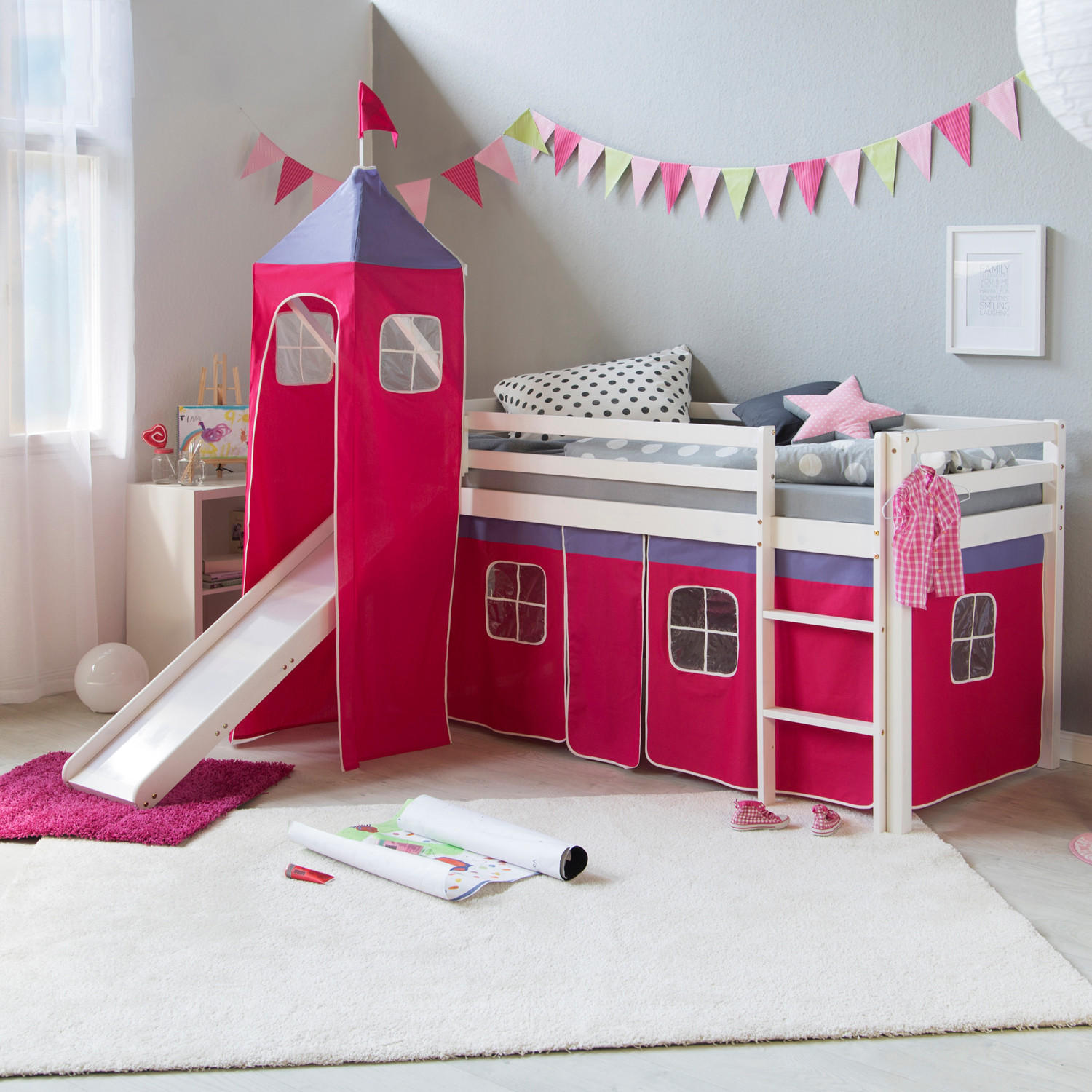 HOCHBETT 90/200 cm mit Lattenrost + Matratze - Pink/Weiß, Holz - Homestyle4u