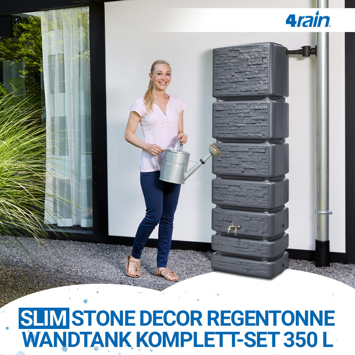 REGENTONNE Wandtank Komplett-Set 350 L, graphite grey inkl. Chrom-Doppelauslaufhahn und Fallrohranschluss - Grau, Kunststoff (39/184/60cm) - 4rain