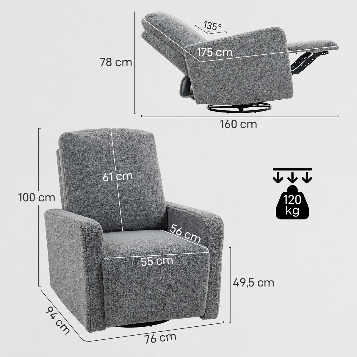RELAXSESSEL, Fernsehsessel mit Liegefunktion, Wippfunktion, Fleece-Optik Grau - Grau, Textil/Metall (76/100/94cm) - HOMCOM