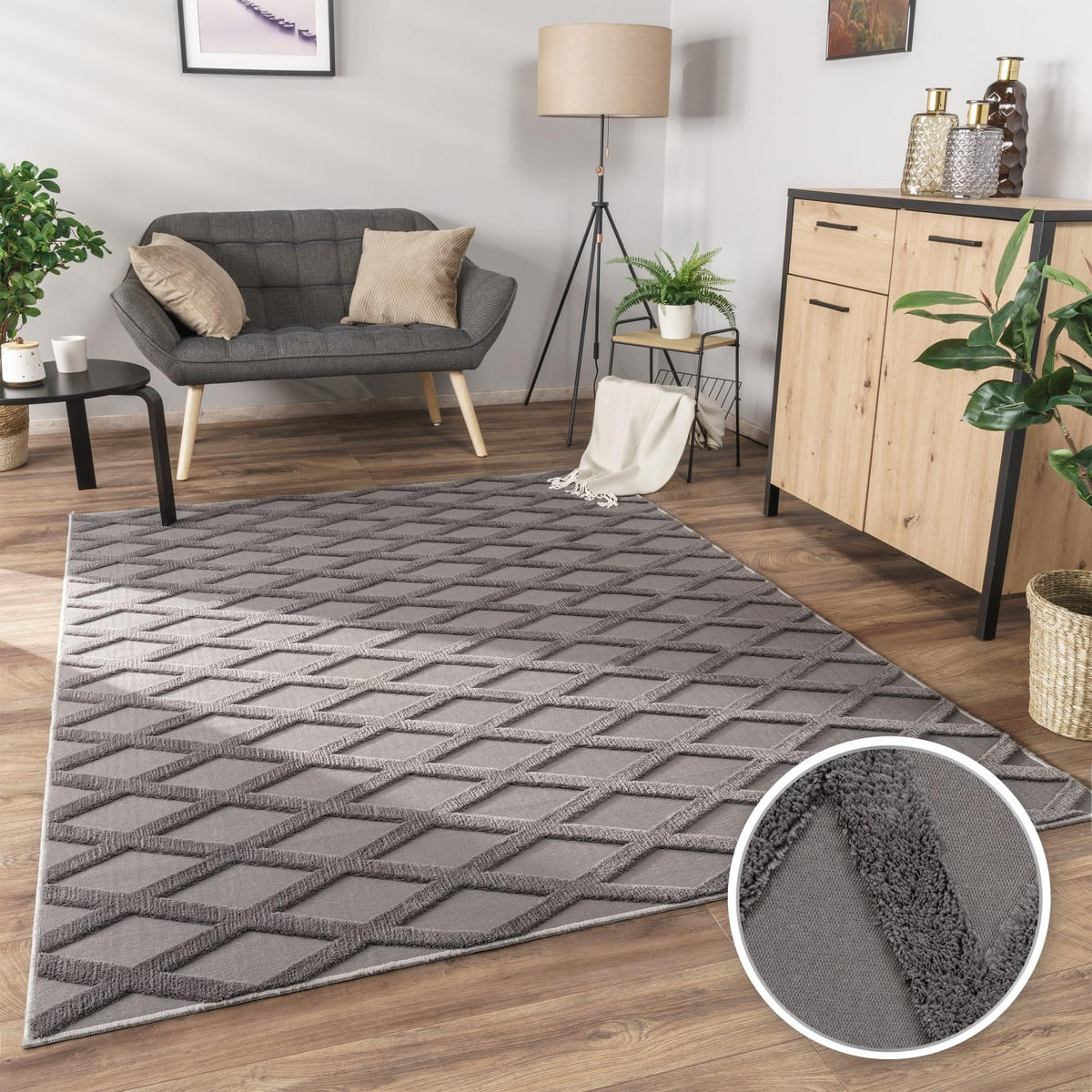 KURZFLORTEPPICH Waschbar, mit Rautenmuster, Anthrazit, 60 x 100 cm - Anthrazit, Textil (60/100cm) - KADIMA DESIGN