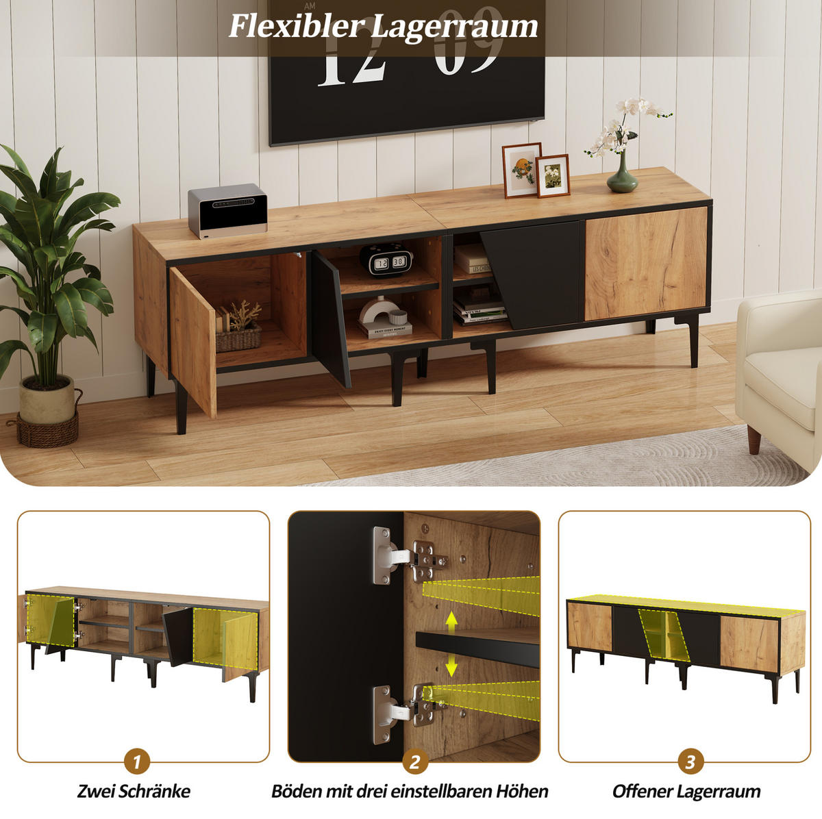 TV-LOWBOARD 160/36,5/45 cm naturfarben aus Spanplatte mit 4 Fächern - Hellbraun, Holzwerkstoff (160/45/36.5cm) - OKWISH