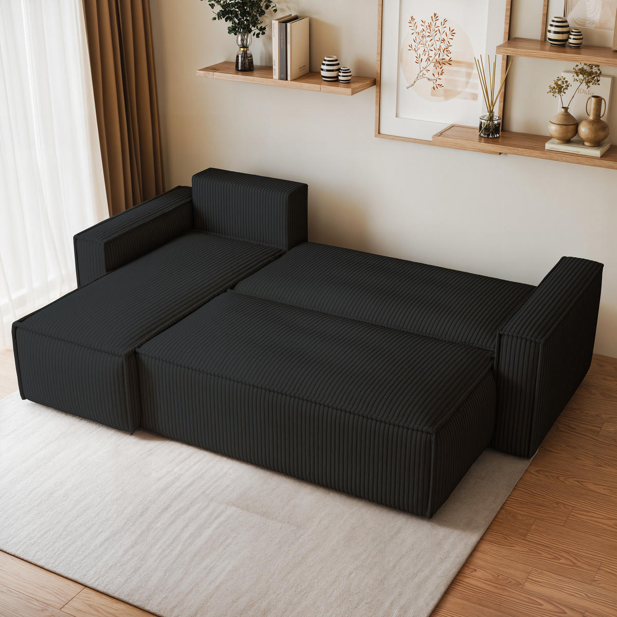 ECKSOFA RAVELO P Schwarz Kordstoff mit Schlaffunktion - Schwarz, Holz (240/140cm) - MASSENO