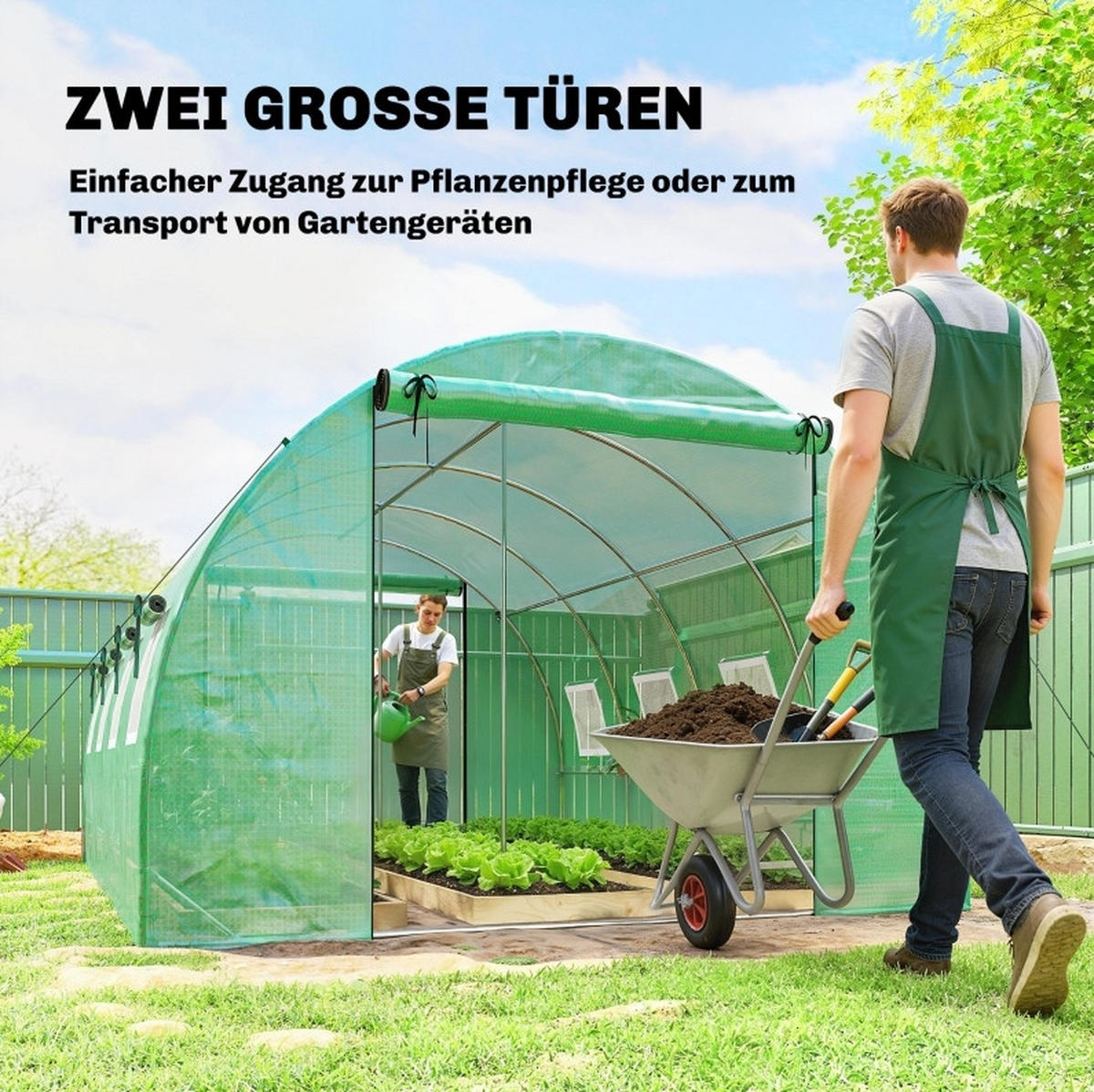 GEWÄCHSHAUS aus Polyethylen 295x400x200 cm in Grün mit 2 Rolltüren & 8 Netzfenstern - Grün, Kunststoff (295/200/400cm) - Modfu