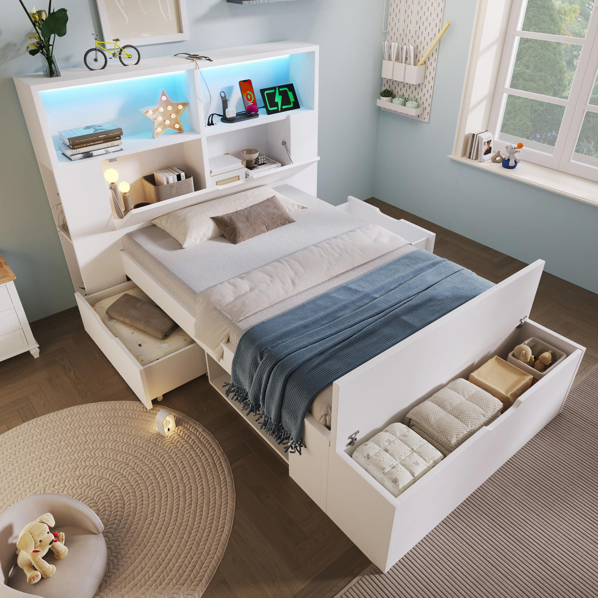 KINDERBETT 90/200 cm in Weiß mit LED, USB-Anschlüssen und Stauraum - Weiß, Holzwerkstoff (90/200cm) - BEAOK