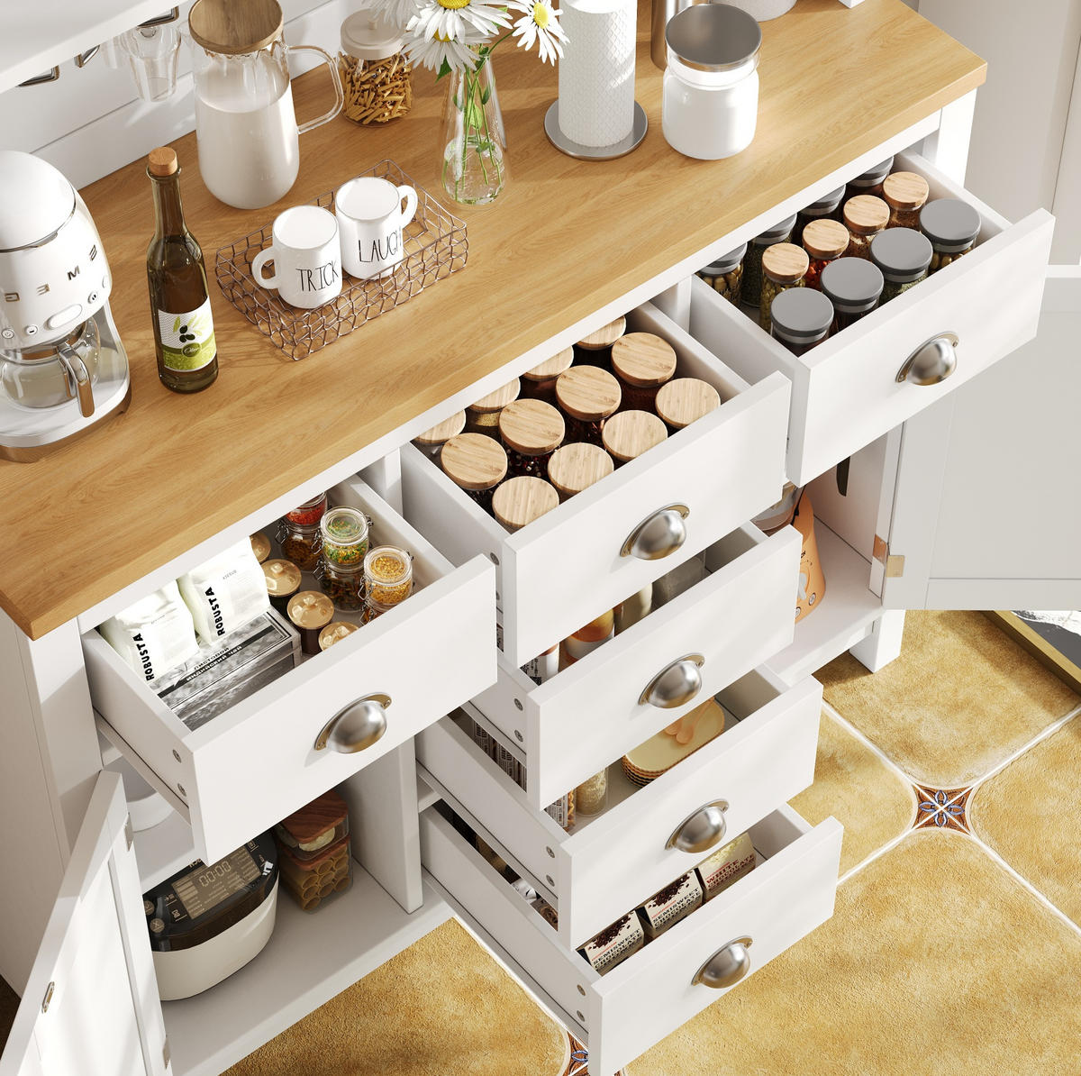 BUFFETSCHRANK mit LED-Lichtleiste 104x40x180 cm MDF Weiß - Weiß, Holzwerkstoff (40/180/104cm) - Meubliv