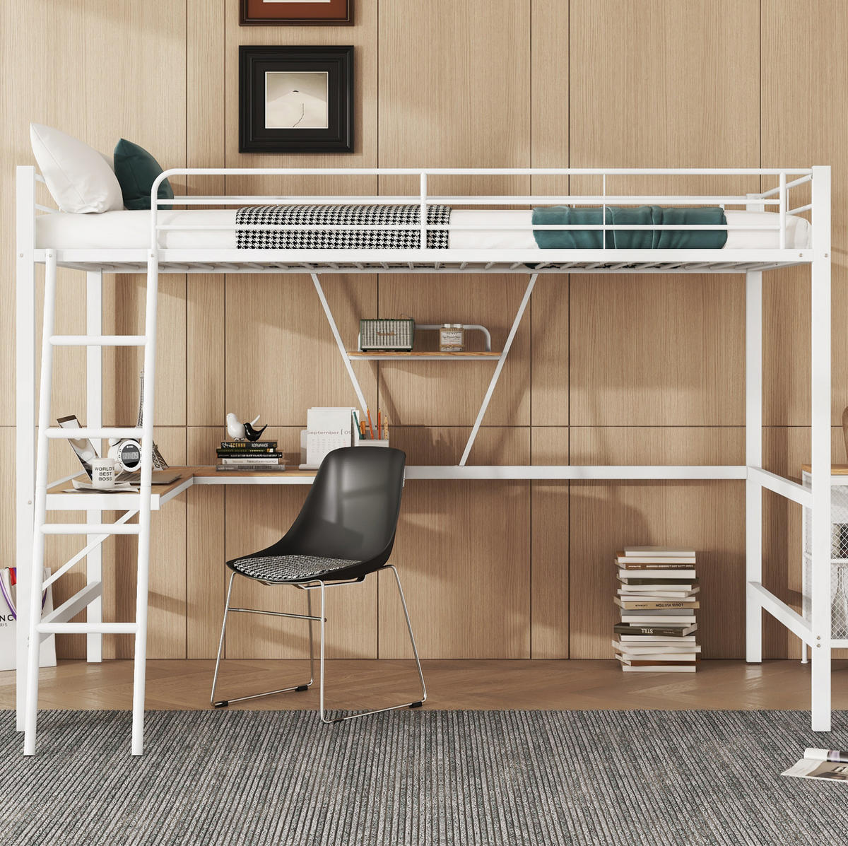 HOCHBETT 90/200 cm, Weiß mit L-förmigem Schreibtisch und Regal - Weiß, Metall (90/200cm) - MIVRAY