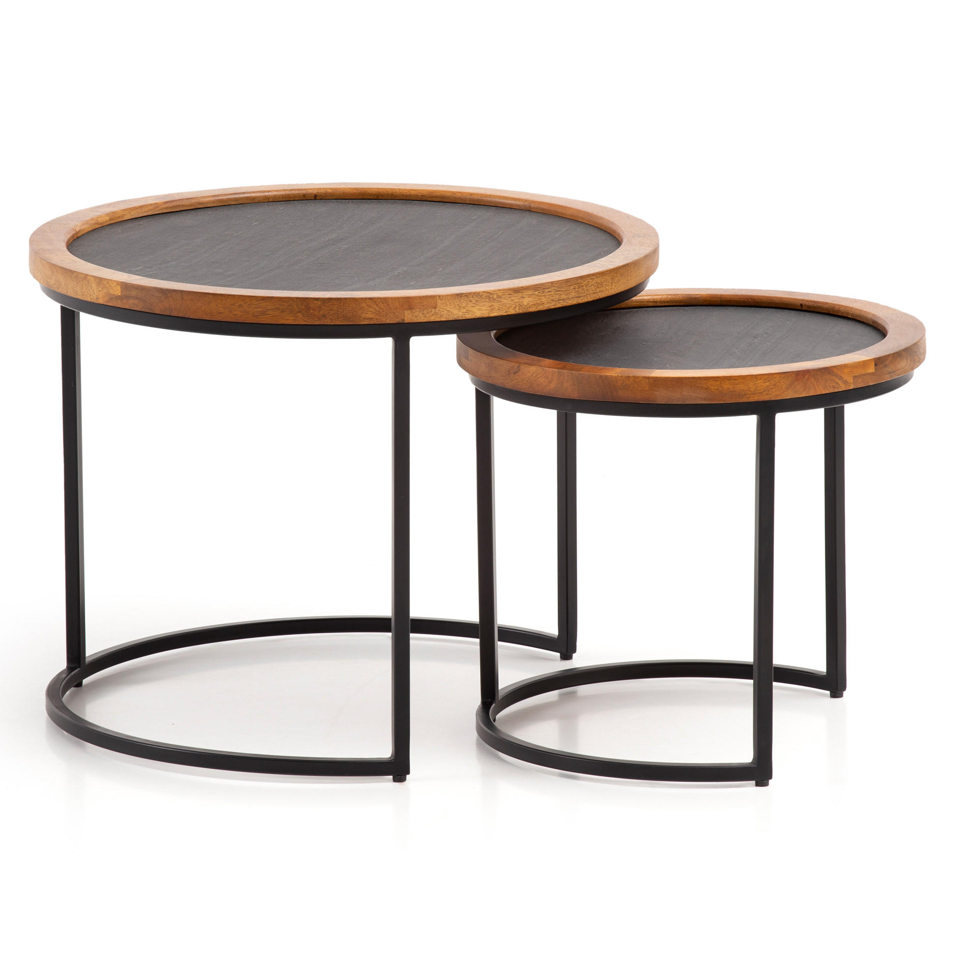 COUCHTISCH Set – 2-teilig Rund Mango Massivholz Steinoptik Metall Braun Anthrazit - Schwarz/Braun, Holz/Metall (60/60/46cm) - KADIMA DESIGN